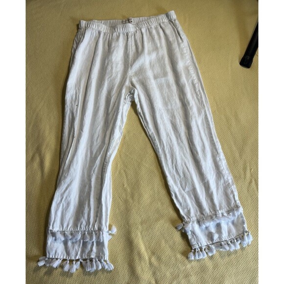 Cynthia Rowley Womens Linen Tassel Hem Pants White Pull On Beach Crop Size Large - Picture 2 of 5